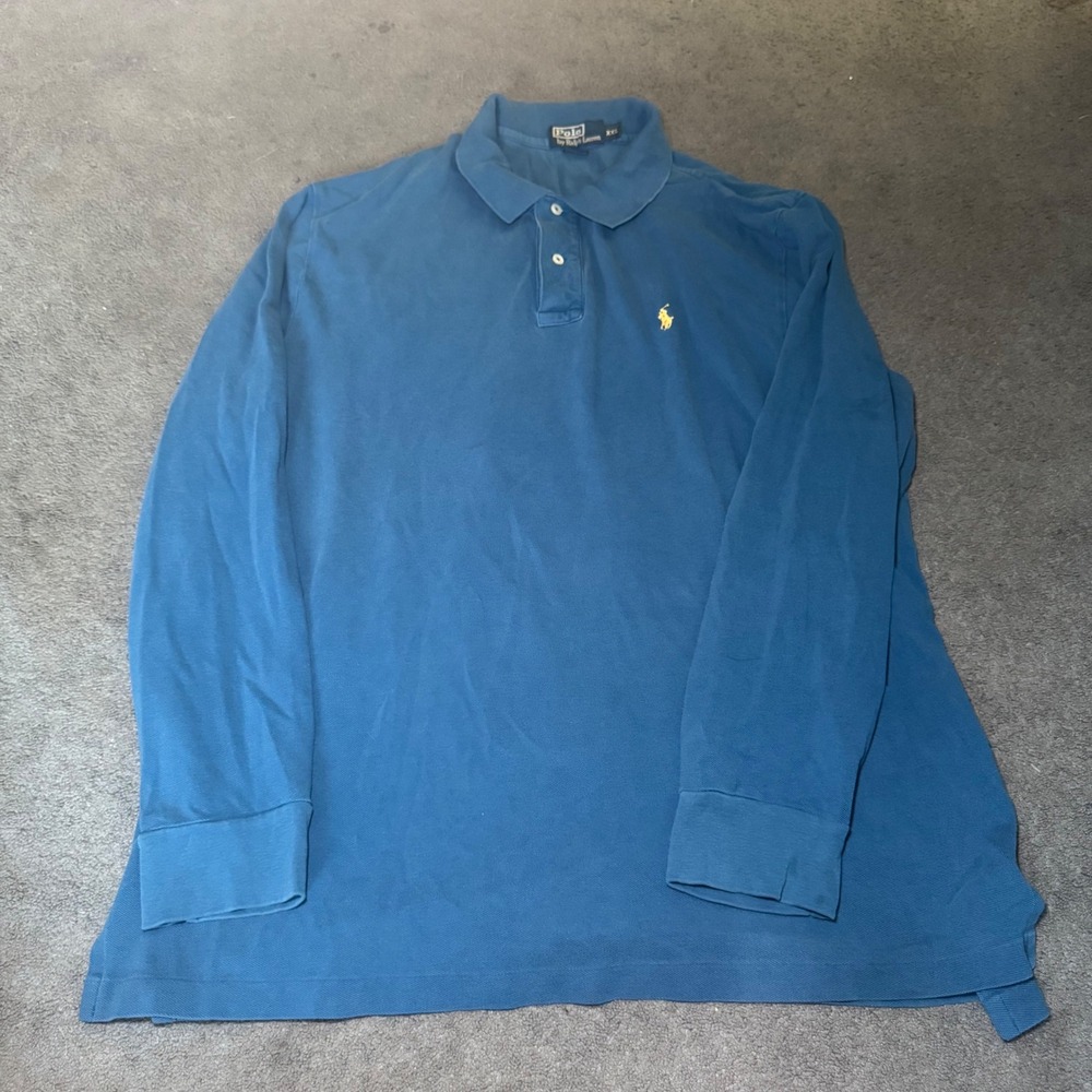Polo Ralph Lauren Mens XXL Blue Long Sleeve Pique Polo Shirt Yellow Pony Logo